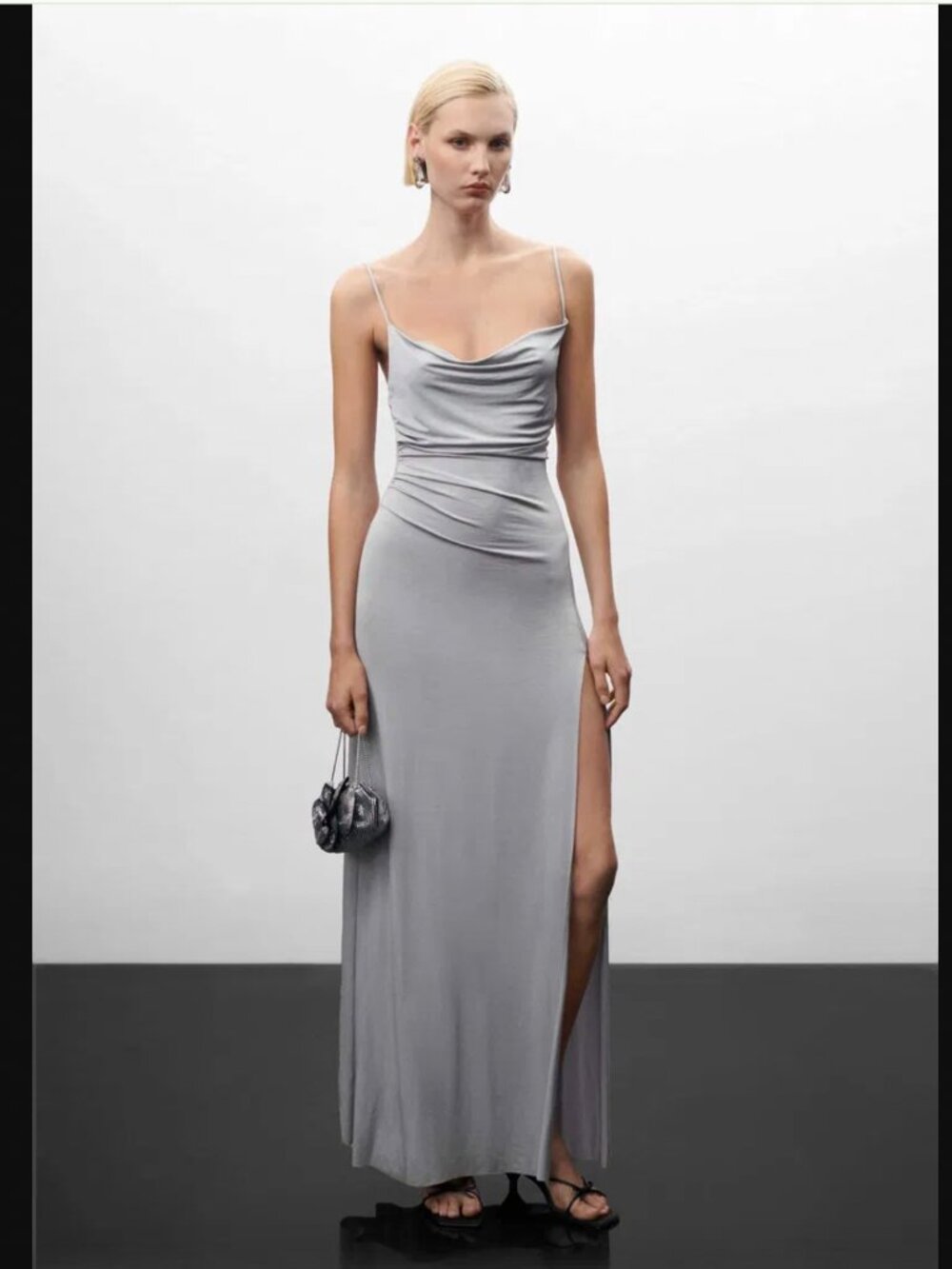 Mango x Jen Ceballos Draped Silver Dress With Slit Large NWT